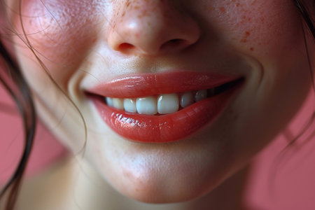 Woman with a perfect smile close-up on a pink background.の素材