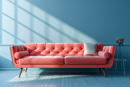 Pink sofa with pillows on a background of a blue wall front view.の素材