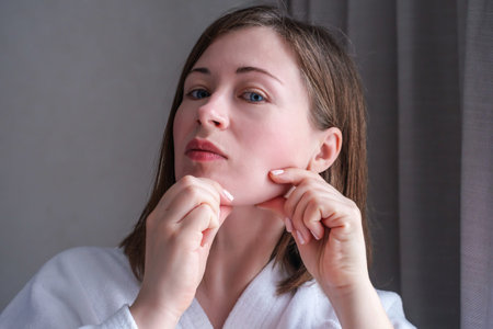 Portrait of a young woman giving herself a chin massage close-up on a gray background.の写真素材