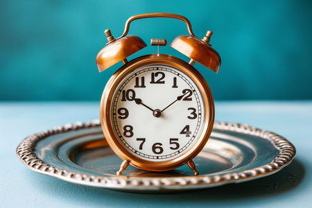 Empty plate with alarm clock on a blue background, intermittent fasting concept.の素材