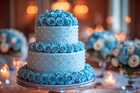 Blue three-tiered wedding cake with flowers against the background of wall in a banquet hall close up.の素材