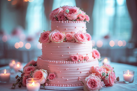 Pink three-tiered wedding cake with flowers close up against the backdrop of the banquet hall.の素材