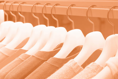 Sweaters hanging on hangers in store, concept color of year 2024.
