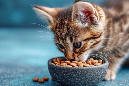 Tabby kitten sits next to bowl of food on blue background, front view.の素材
