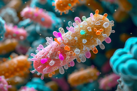 Many colorful bacteria or viruses in close-up.の素材