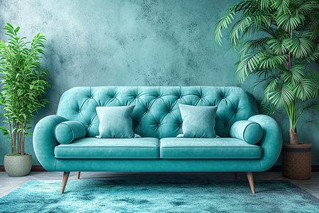 Sofa and artificial plants on background of mint wall, concept of modern interior.の素材