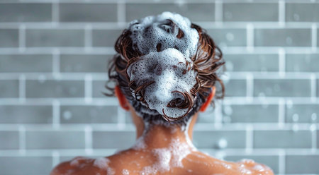 Woman with hair covered in shampoo foam on blue tiles background, back view.の素材