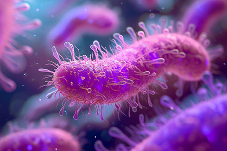 Purple bacteria and viruses on blur background close-up.の素材