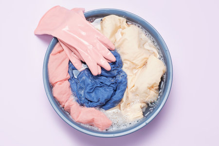 Clothes soaked with powder in a basin close-up on lilac background, top view.の写真素材