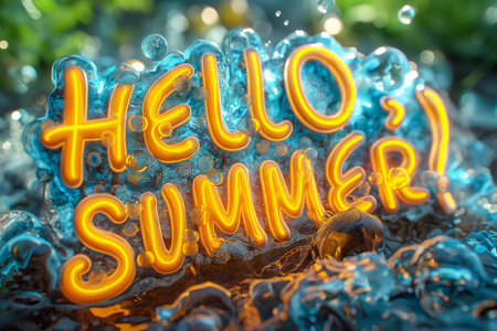 Yellow neon inscription Hello, summer on blue background.の素材