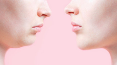 Profile of female face with and without a second chin, concept before and after plastic surgery.の写真素材
