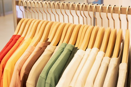 Multicolored t-shirts on wooden hangers in the store, side view.の写真素材
