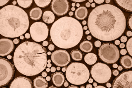 A round cut wood close-up trending color of year 2025.の写真素材