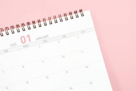 January 2025 calendar close-up on pink background, planning concept.の写真素材