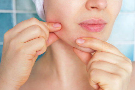 Portrait of young woman doing chin massage against background of blue tiles.の写真素材