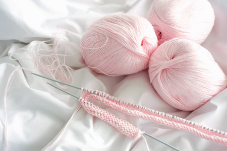Pink yarn and knitting needles on white background top view.の写真素材