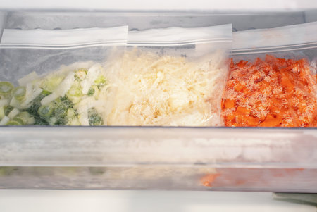 Bags with colorful frozen vegetables in freezer drawer top view.の写真素材