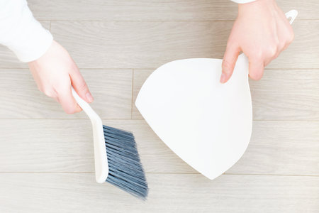 Female hands sweeping the floor with a brush and dustpan top view close-up.の写真素材