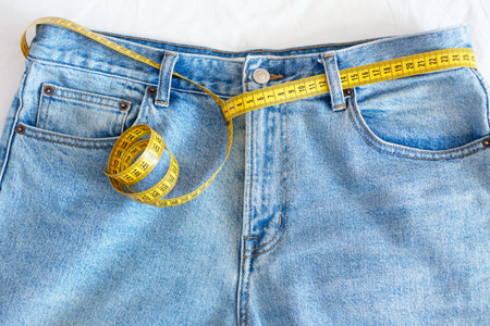 Measuring tape as belt in jeans close-up on a white background.の写真素材