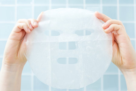 Female hand holding a sheet of moisturizing mask close-up against background of blue tiles.の写真素材