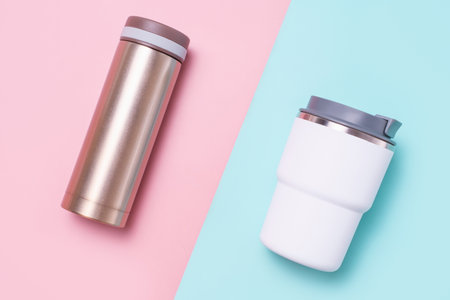 Two thermo mug and thermos on a blue and pink background, top view close-upの写真素材
