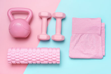 Set of sports accessories on blue and pink background close-up top view.の写真素材