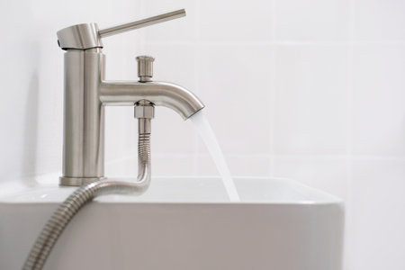 Water flows from a tap into a sink on a gray background close up, side view.の写真素材