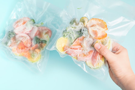Hand holding vacuum bag with chopped vegetables close-up on blue background.の写真素材