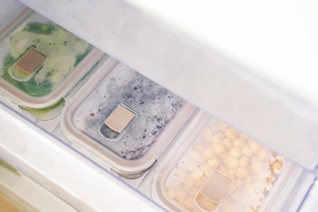 Drawer in freezer with containers of frozen vegetables, top view.の写真素材