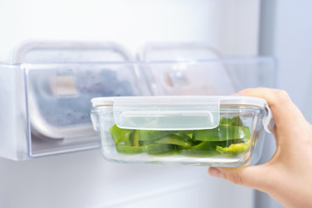 A hand holds a glass box with cut pieces of green peppers against the background of an open refrigerator close-up.の写真素材