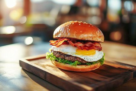 Close-up of a burger with bacon and egg on wooden tray against a blurred cafe background.の素材