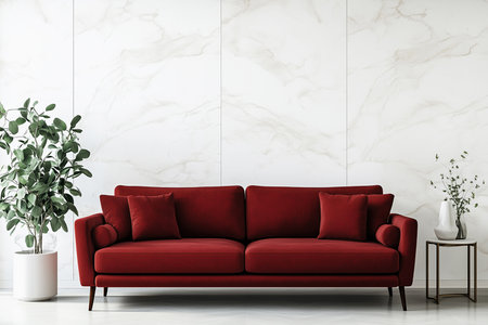 Cherry red color sofa on background of white wall, concept of modern interior.の素材