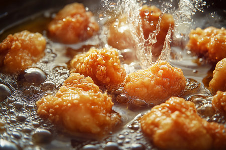 Close-up of crispy chicken fried in oil.の素材