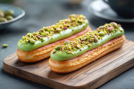 Two eclairs with pistachio cream on a wooden board, close-up.の素材