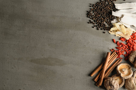 ingredient spices pharmaceutical  Dried shiitake on top view backgroundの写真素材