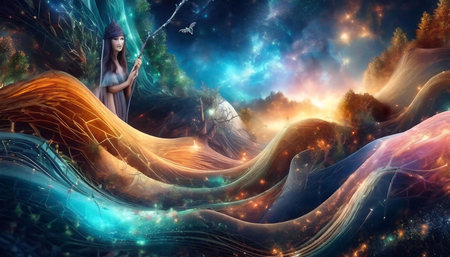 Mystical fairy tale scene with a girl in a fantasy forestの素材