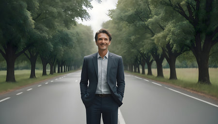 Portrait of a confident businessman standing on the road in the forestの素材