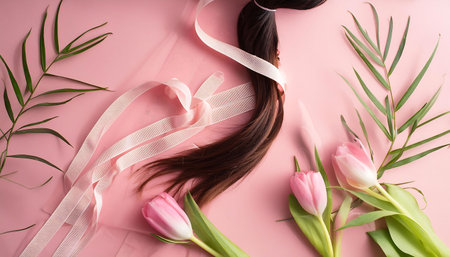 Beautiful tulips and ribbon on pink background, flat lay. Space for textの素材