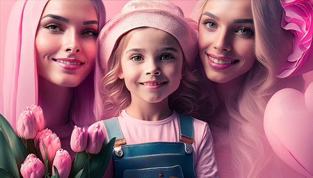 Beautiful mother and her daughter are looking at camera and smiling while posing with tulips on pink backgroundの素材