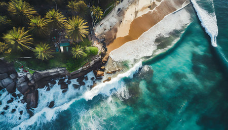Aerial view of beautiful tropical beach with palm tree and turquoise ocean wavesの素材