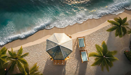 Aerial view of beautiful tropical beach with sunbeds and umbrellasの素材