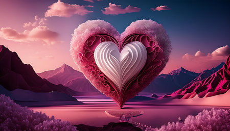 Valentines day background with heart and mountains. 3d renderingの素材