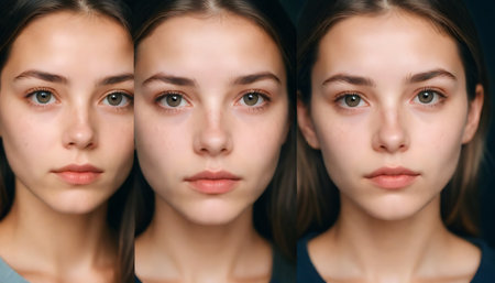 Beautiful young woman face before and after retouching. Facial skin care concept.の素材