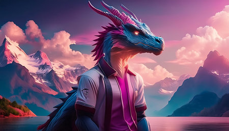 3D rendering of a dragon and mountains in the background at sunsetの素材