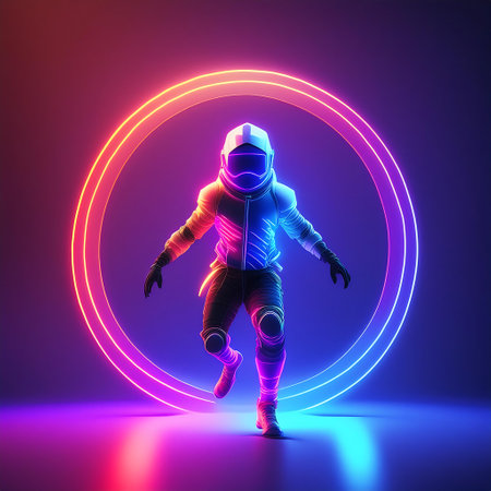 Astronaut in space suit and helmet. Sci-fi neon background. 3d renderingの素材
