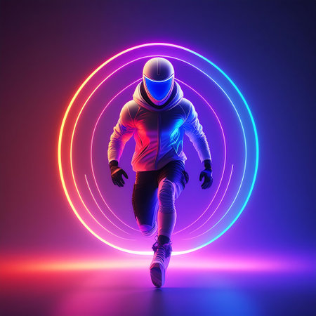 Cyclist running with neon circle background. 3D Renderingの素材