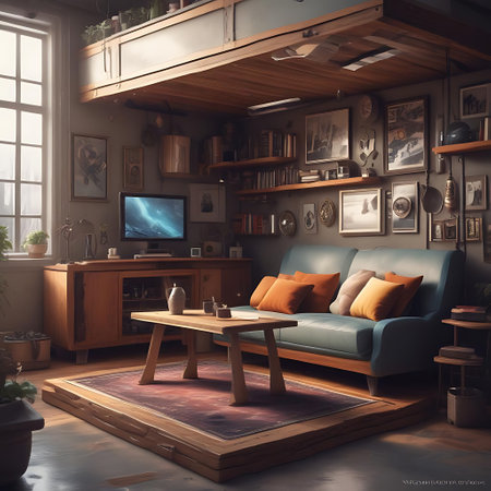 Interior of a modern living room with a wooden floor, a sofa and a coffee table. 3d renderingの素材