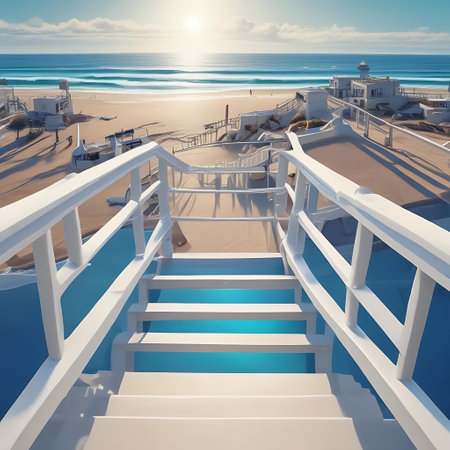 Stairs leading to the sea on a sunny day. 3d renderingの素材