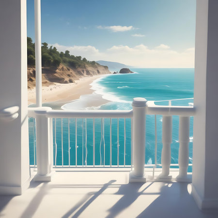 Balcony overlooking the sea in a sunny day. 3d renderingの素材