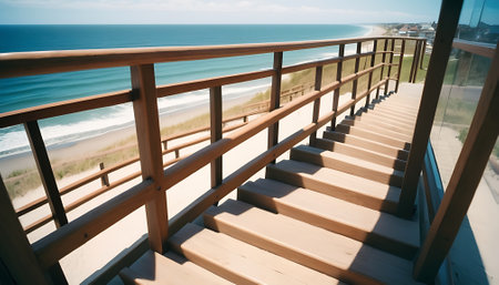 Wooden stairs on the beach with sea and blue sky background.の素材